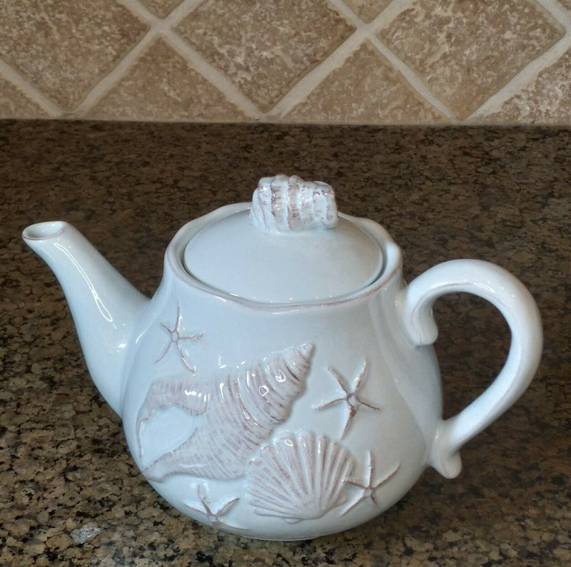 Load image into Gallery viewer, Laguna Coastal Shell Teapot Blue Decorative Sea Life Home Decor By Blue Sky