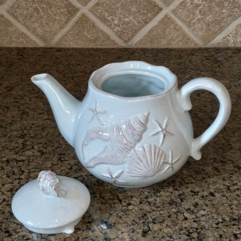 Load image into Gallery viewer, Laguna Coastal Shell Teapot Blue Decorative Sea Life Home Decor By Blue Sky