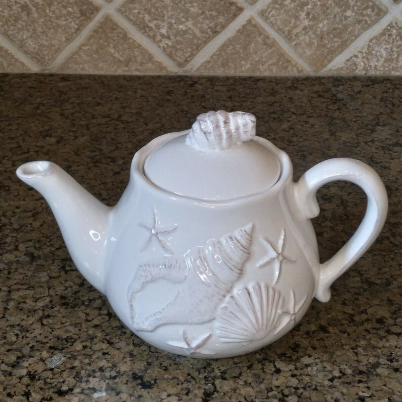 Load image into Gallery viewer, Laguna Coastal Shell Teapot White Decorative Sea Life Home Decor By Blue Sky