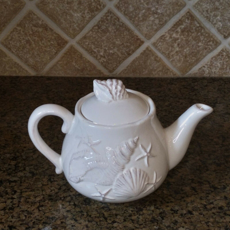 Load image into Gallery viewer, Laguna Coastal Shell Teapot White Decorative Sea Life Home Decor By Blue Sky