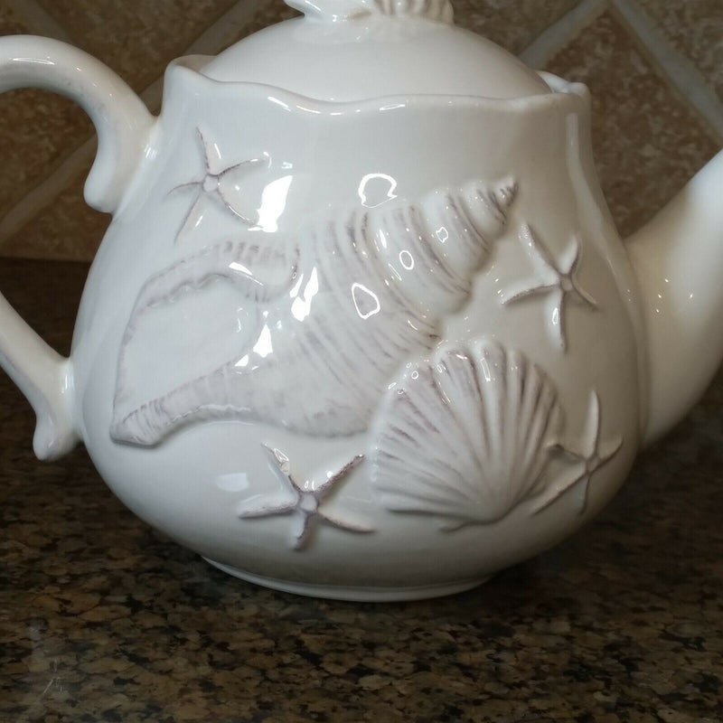 Load image into Gallery viewer, Laguna Coastal Shell Teapot White Decorative Sea Life Home Decor By Blue Sky