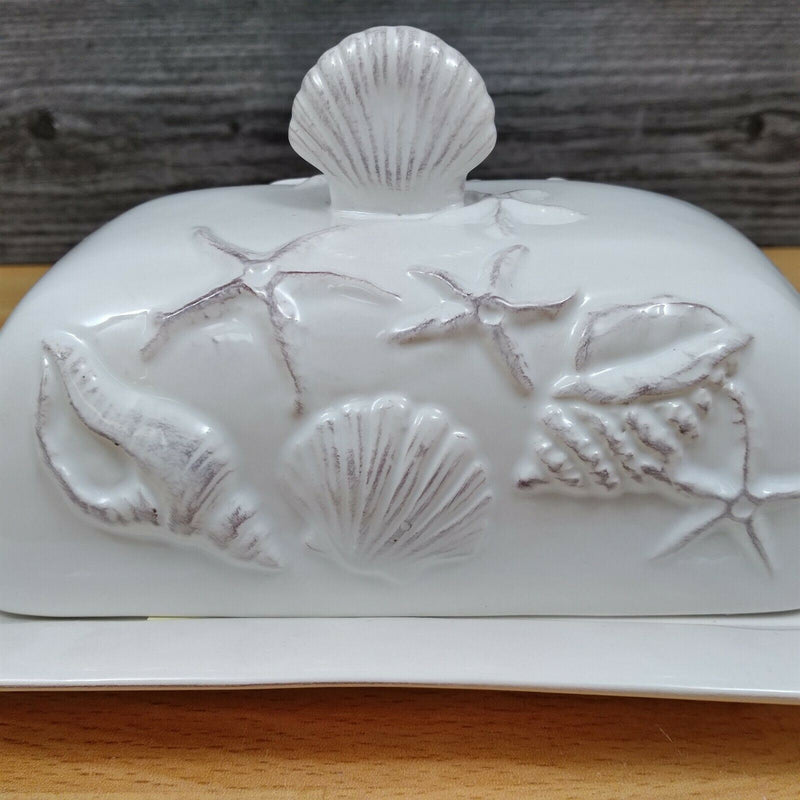 Load image into Gallery viewer, Laguna Coastal White Butter Dish w/Ocean Sea Shells Blue Sky Kitchen Ceramic