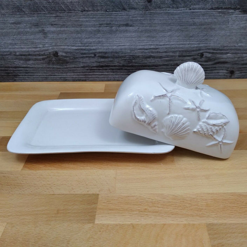 Load image into Gallery viewer, Laguna Coastal White Butter Dish w/Ocean Sea Shells Blue Sky Kitchen Ceramic