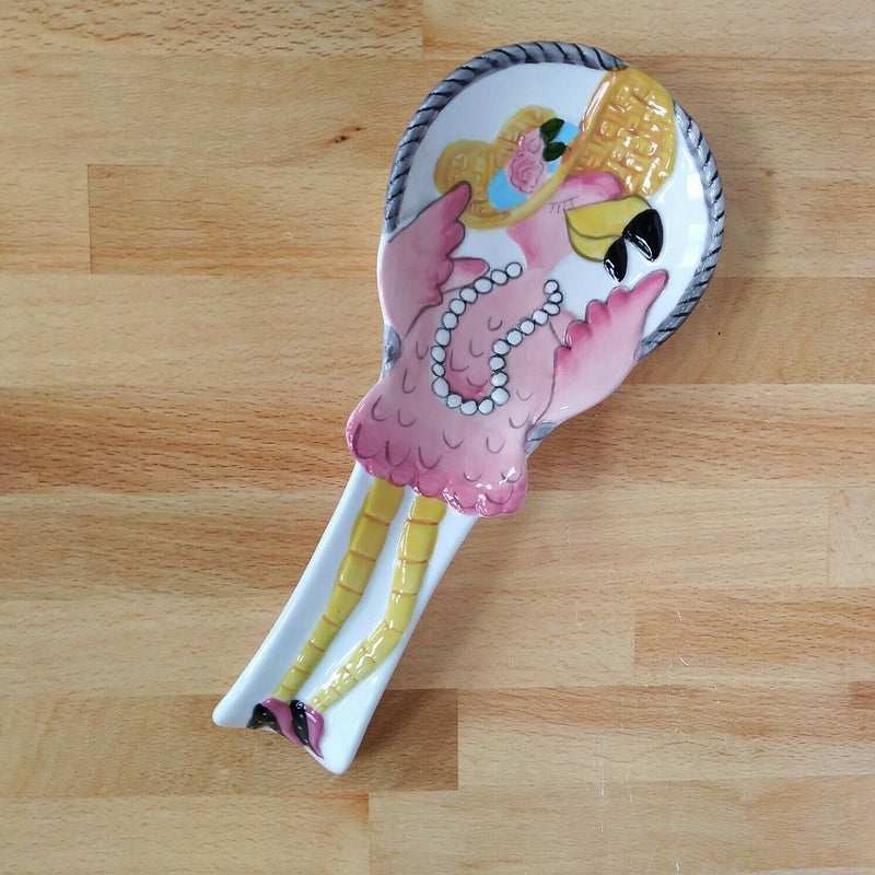 Load image into Gallery viewer, Flamingo Spoon Rest Ceramic Blue Sky Heather Goldminc Kitchen Decor