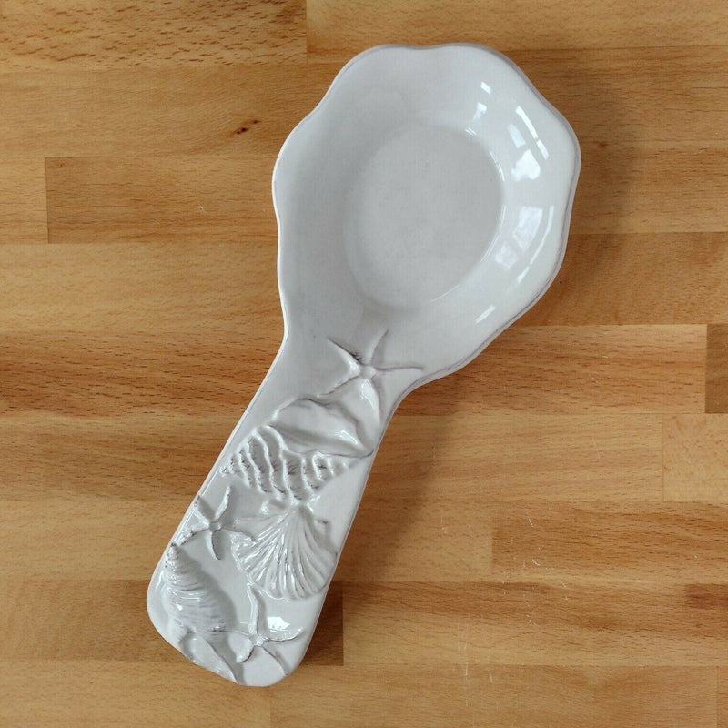 Load image into Gallery viewer, Laguna Coastal Spoon Rest White Sea Shells Ceramic by Blue Sky Kitchen Decor