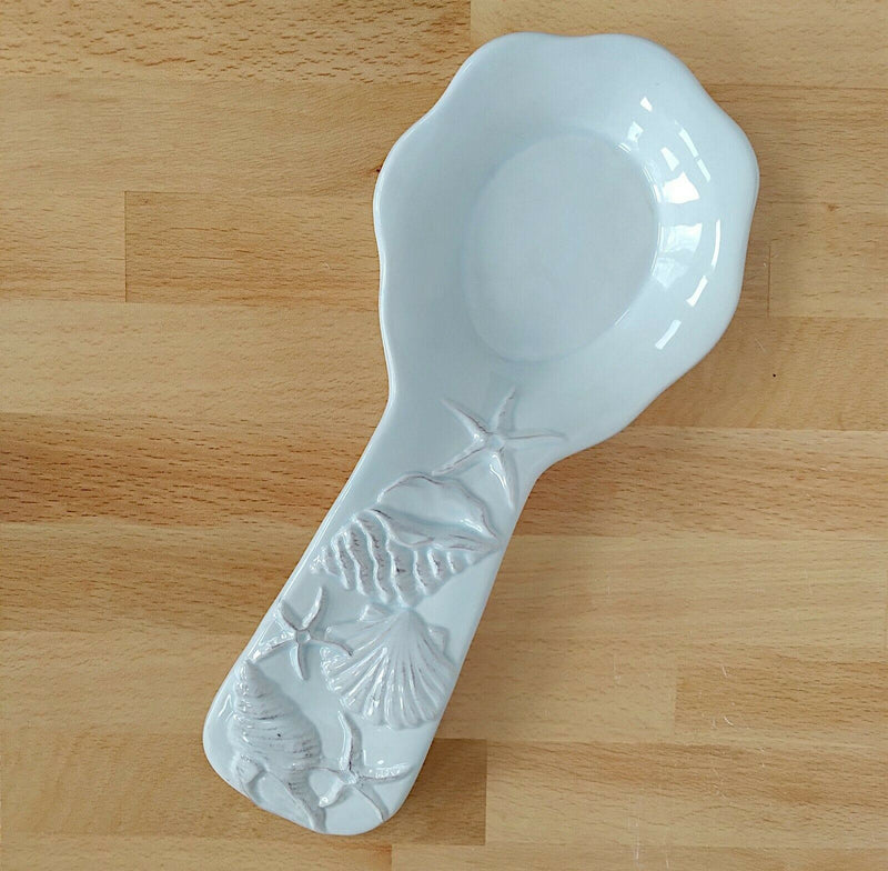 Load image into Gallery viewer, Laguna Coastal Spoon Rest Blue Sea Shells Ceramic by Blue Sky Kitchen Decor