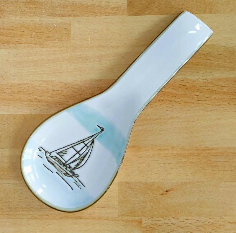 Load image into Gallery viewer, Coastal Sailboat Spoon Rest Ceramic by Blue Sky Kitchen Nautical Décor