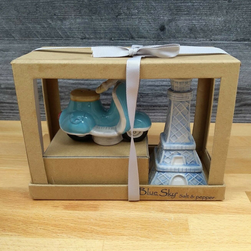Load image into Gallery viewer, Retro Paris Scooter & Eiffel Tower Salt Pepper Set Decorative Blue Sky Clayworks