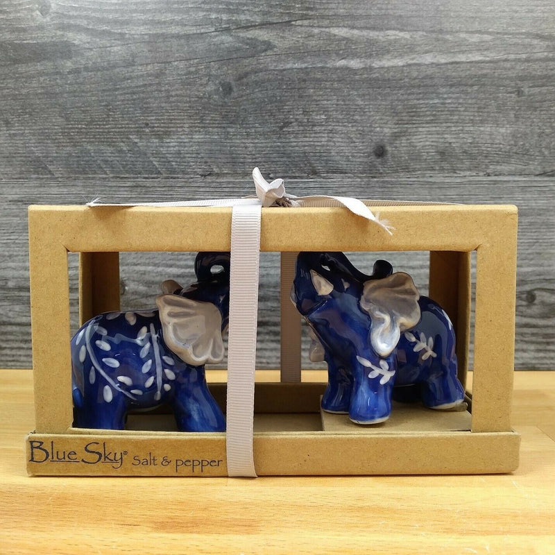 Load image into Gallery viewer, Floral Blue Elephants Salt Pepper Set Collectible by Blue Sky Clayworks
