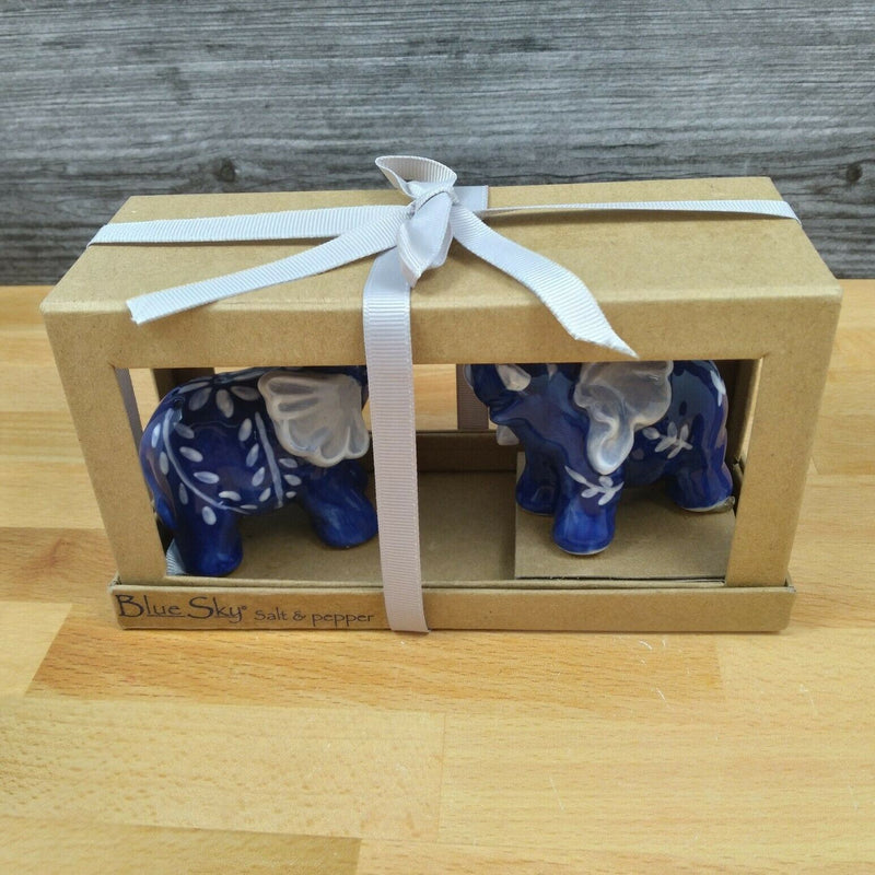 Load image into Gallery viewer, Floral Blue Elephants Salt Pepper Set Collectible by Blue Sky Clayworks