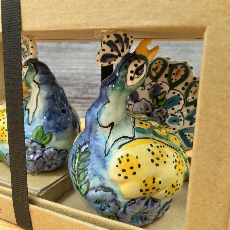 Load image into Gallery viewer, Blue Peacock Salt Pepper Set Collectible by Blue Sky Clayworks