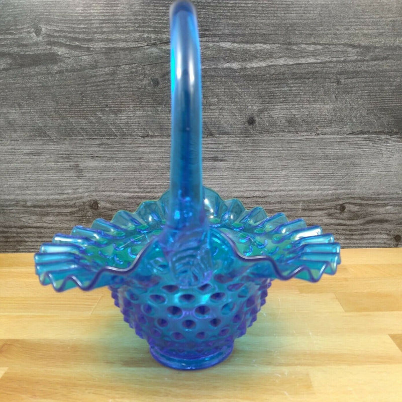 Load image into Gallery viewer, Fenton Hobnail Blue Glass Basket with Handle and Ruffled Edge