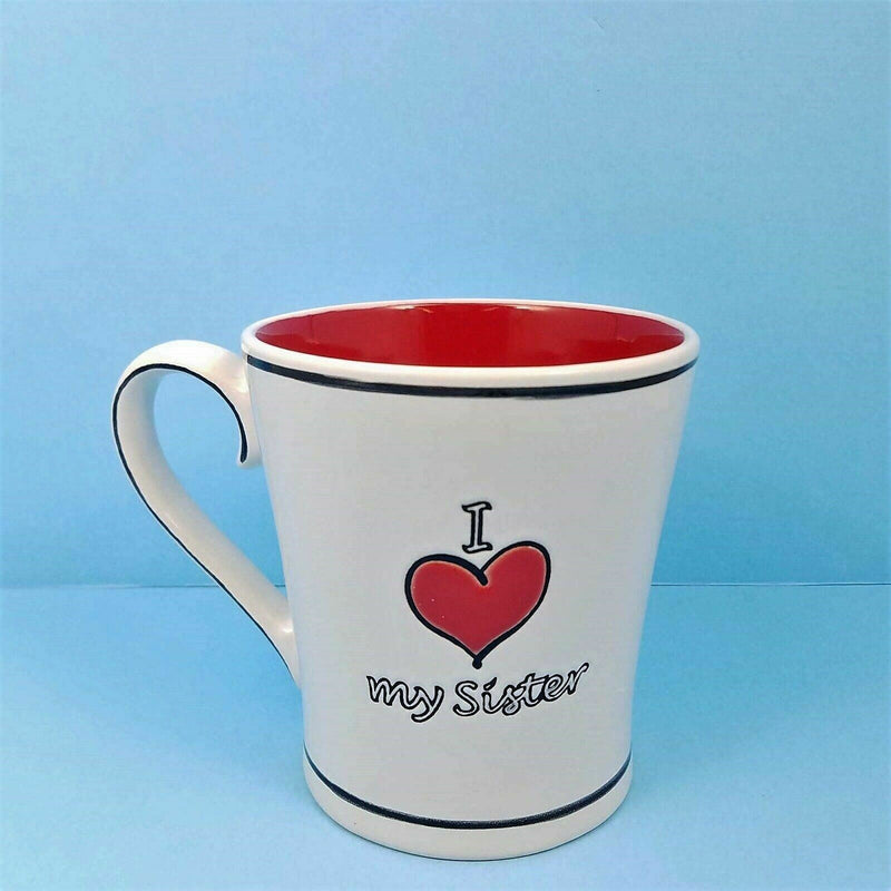 Load image into Gallery viewer, Coffee Cup Mug or Tea Cup I Heart My Sister Red and White 17oz Blue Sky Ceramic