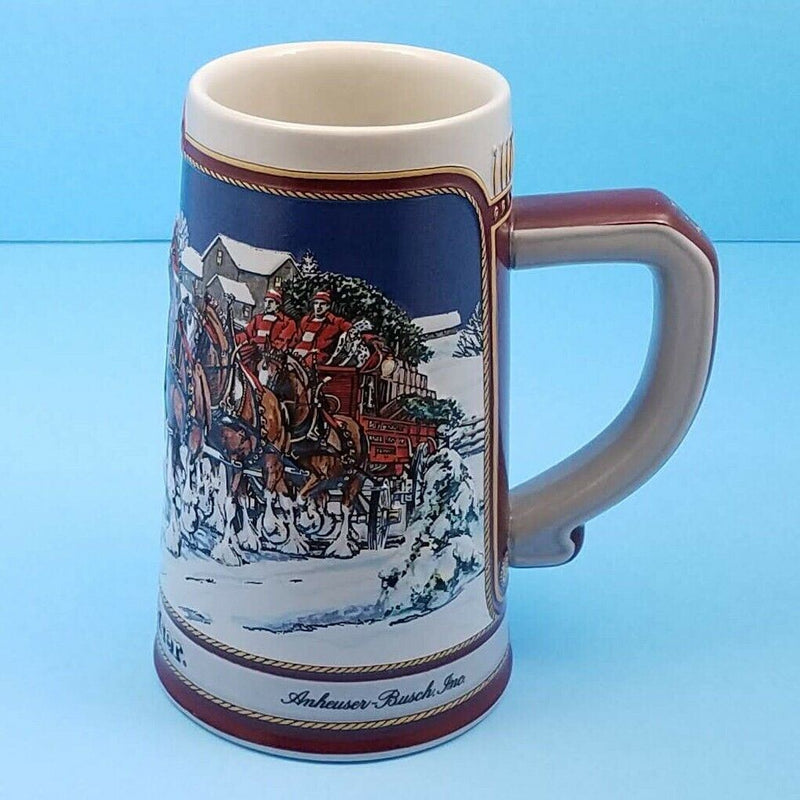 Load image into Gallery viewer, Budweiser Stein 1989 Anheuser Busch Bud Christmas Mug Hitch on a Winter Evening