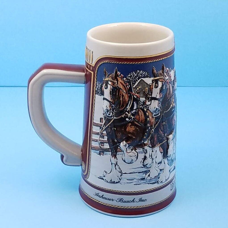 Load image into Gallery viewer, Budweiser Stein 1989 Anheuser Busch Bud Christmas Mug Hitch on a Winter Evening
