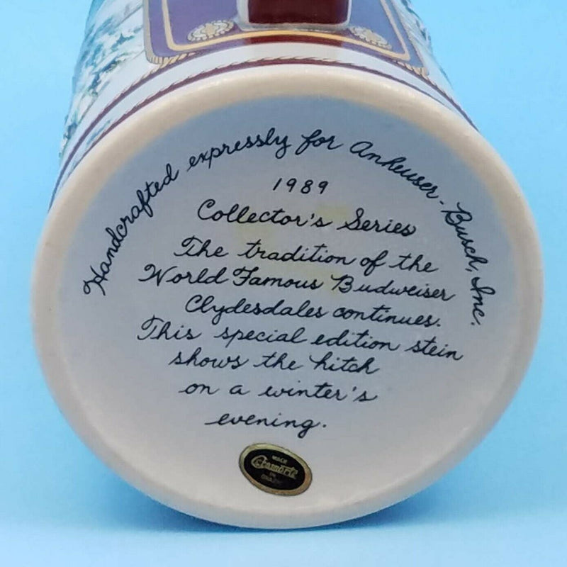 Load image into Gallery viewer, Budweiser Stein 1989 Anheuser Busch Bud Christmas Mug Hitch on a Winter Evening