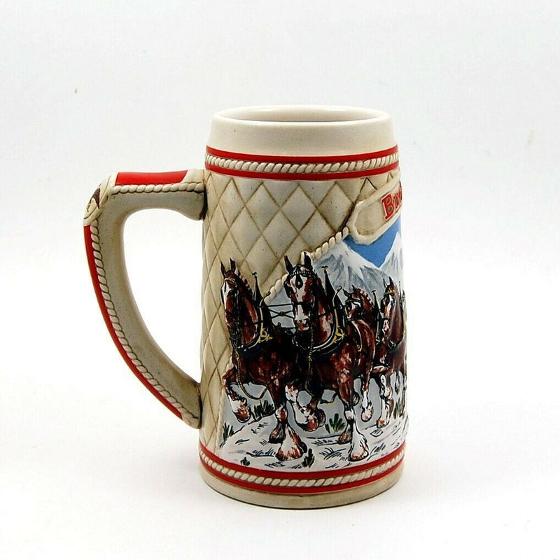 Load image into Gallery viewer, 1985 Budweiser Beer Holiday Christmas Stein Mug Wagon Clydesdales Ceramarte