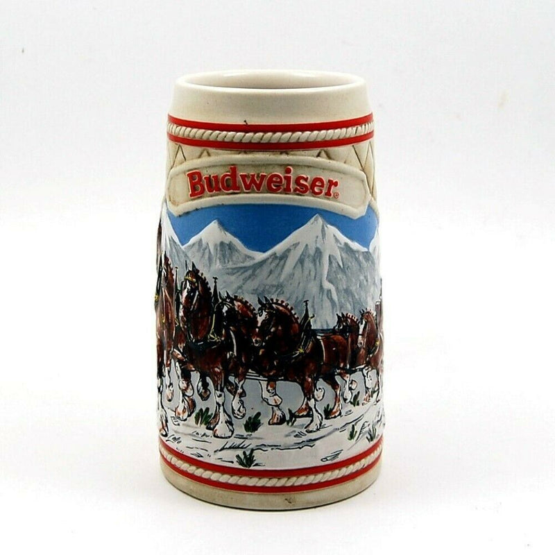 Load image into Gallery viewer, 1985 Budweiser Beer Holiday Christmas Stein Mug Wagon Clydesdales Ceramarte