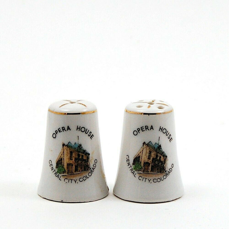 Load image into Gallery viewer, Vintage Salt Pepper Shakers White Opera House Central City Colorado Japan Made