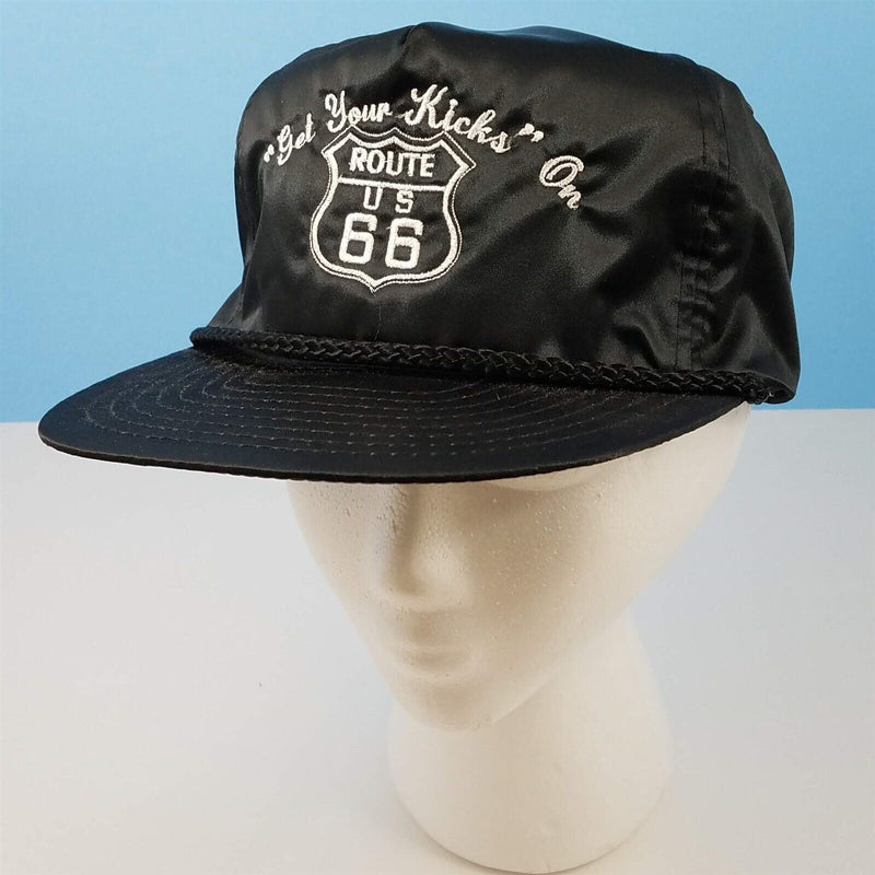 Load image into Gallery viewer, Get Your Kicks on Route 66 Vintage Trucker Hat Satin Black Adjustable Nostalgia