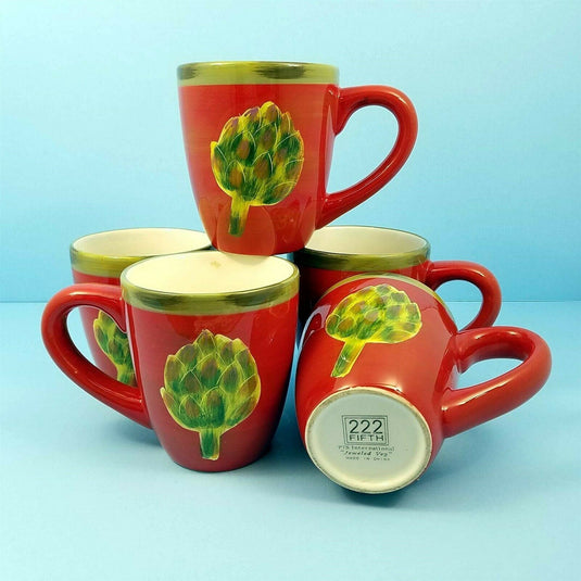 Artichoke Set of 5 Coffee Tea Mugs Cups Home Décor 16oz (473ml) Red and Green