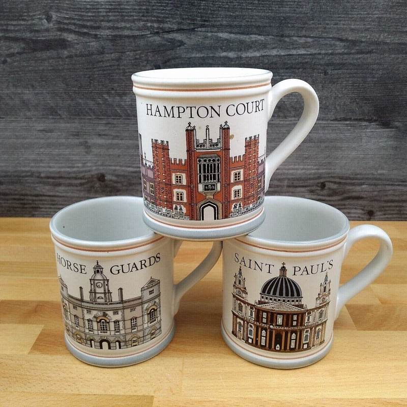 Load image into Gallery viewer, 3 Denby Historical Architecture Mugs Horse Guards Hampton Court St Paul's Cups