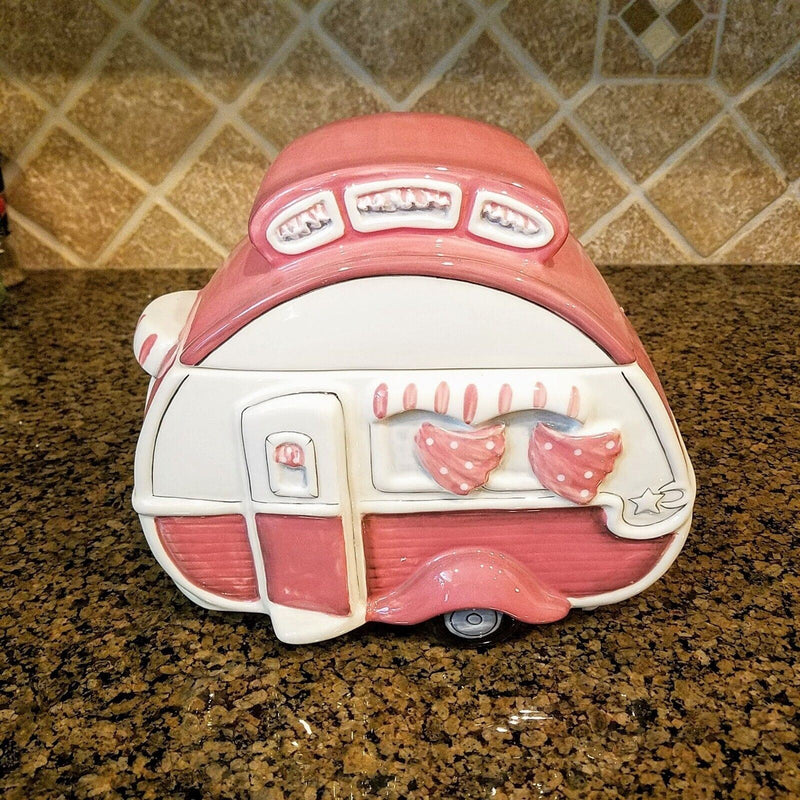 Load image into Gallery viewer, Retro Camper Cookie Jar Pink Canister Blue Sky by Heather Goldminc Kitchen Decor