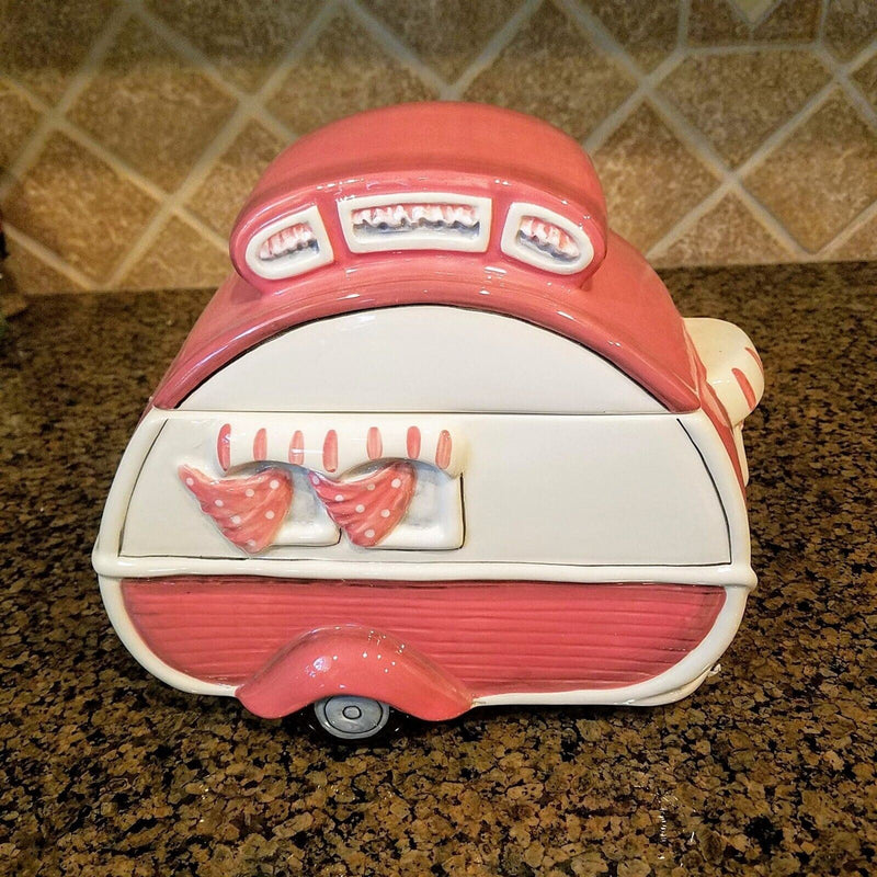 Load image into Gallery viewer, Retro Camper Cookie Jar Pink Canister Blue Sky by Heather Goldminc Kitchen Decor