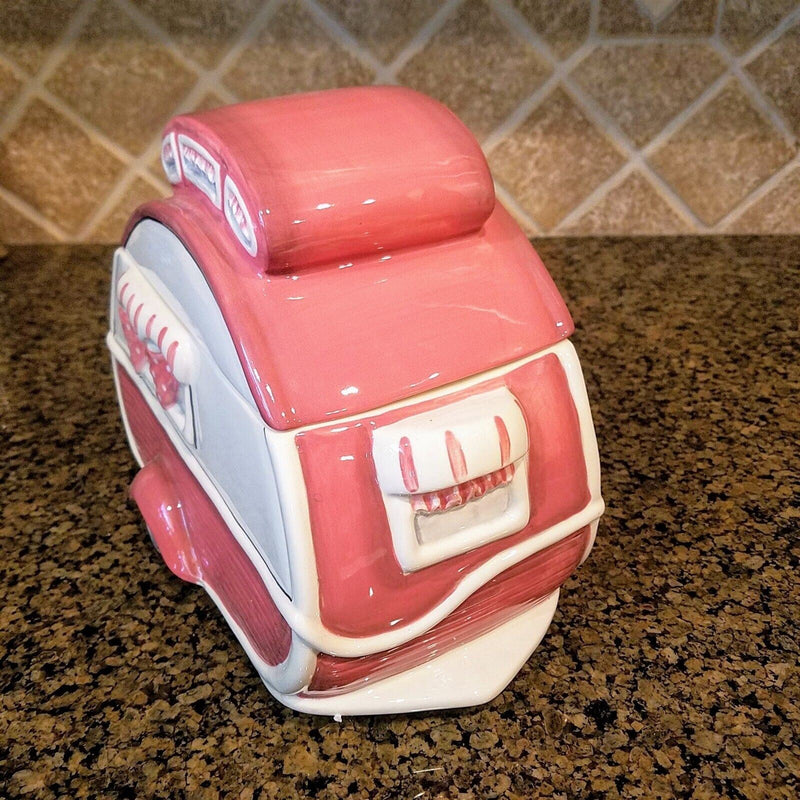 Load image into Gallery viewer, Retro Camper Cookie Jar Pink Canister Blue Sky by Heather Goldminc Kitchen Decor