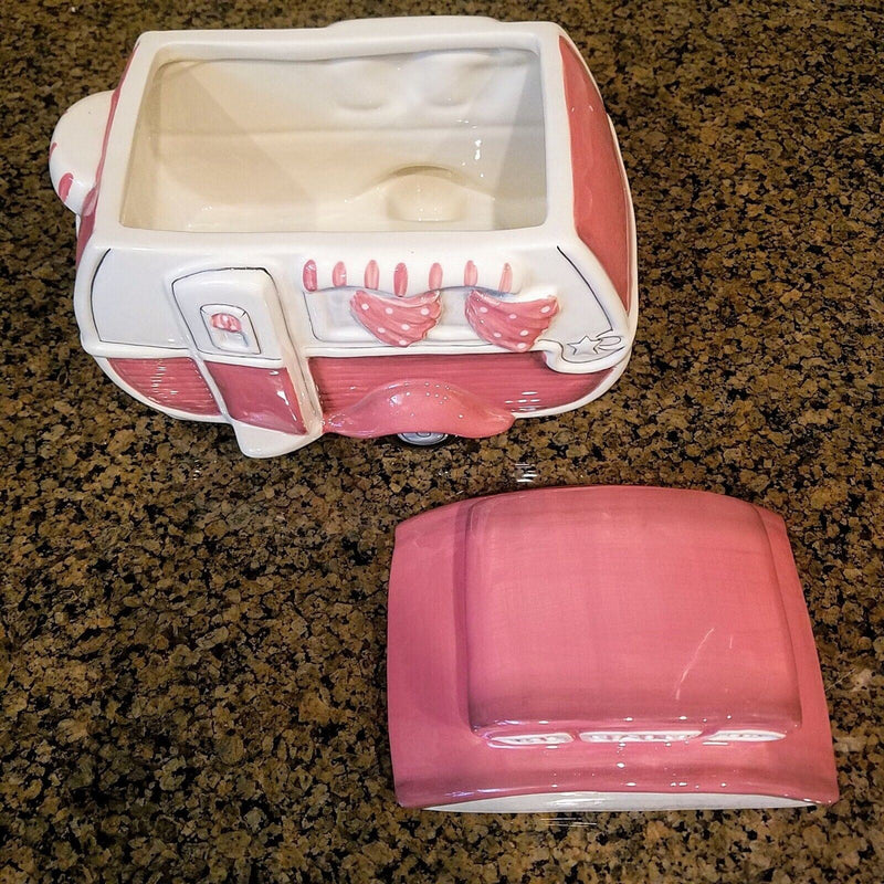 Load image into Gallery viewer, Retro Camper Cookie Jar Pink Canister Blue Sky by Heather Goldminc Kitchen Decor