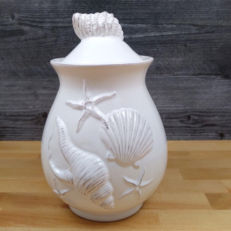 Load image into Gallery viewer, Laguna Coastal Shell Canister 8" White Carafe Decorative Nautical Sea Life Jug