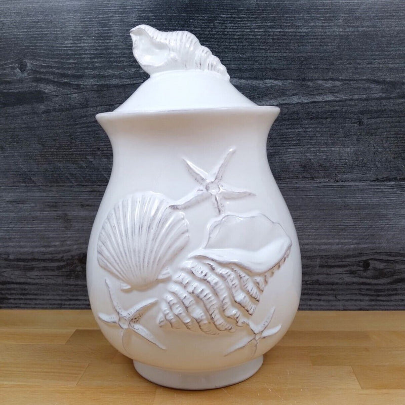 Load image into Gallery viewer, Laguna Coastal Shell Canister 9" White Carafe Decorative Nautical Sea Jug