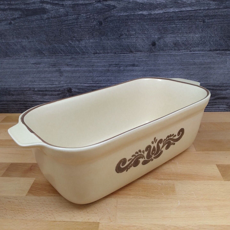Load image into Gallery viewer, Pfaltzgraff Village Baking Loaf Pan Tan Brown Castle Mark 2 QT USA Made 235