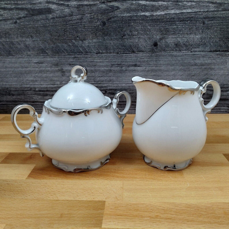 Load image into Gallery viewer, Mikasa Marlboro Creamer & Sugar Bowl & Lid Verge Scalloped Platinum Border 9267
