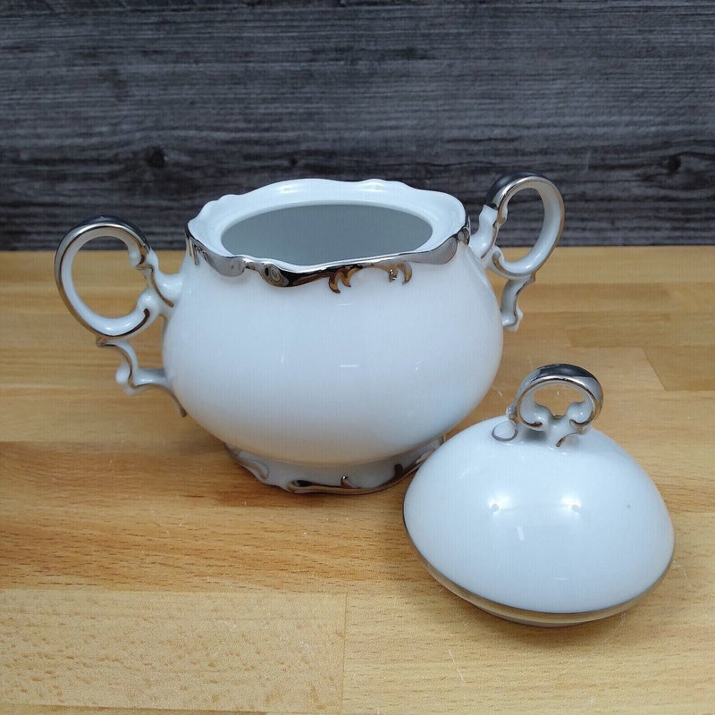 Load image into Gallery viewer, Mikasa Marlboro Creamer & Sugar Bowl & Lid Verge Scalloped Platinum Border 9267