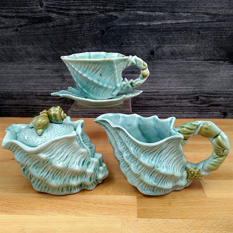Load image into Gallery viewer, Shell Sugar Bowl Creamer and Tea Cup Saucer Set Decorative by Blue Sky