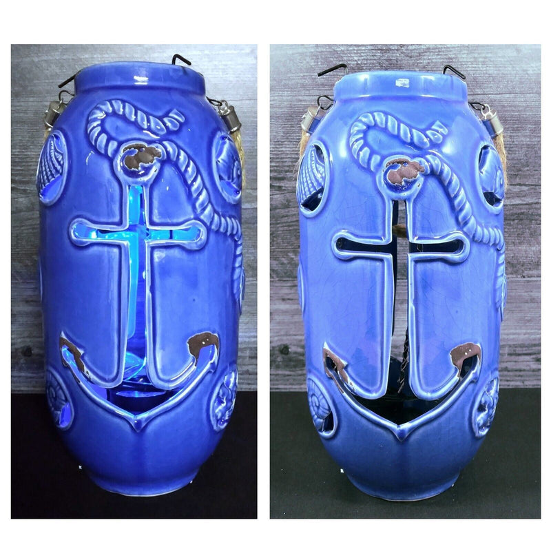 Load image into Gallery viewer, Nautical Maritime Lantern Dark Blue With Blue Led Lights Weathered Look Lamp