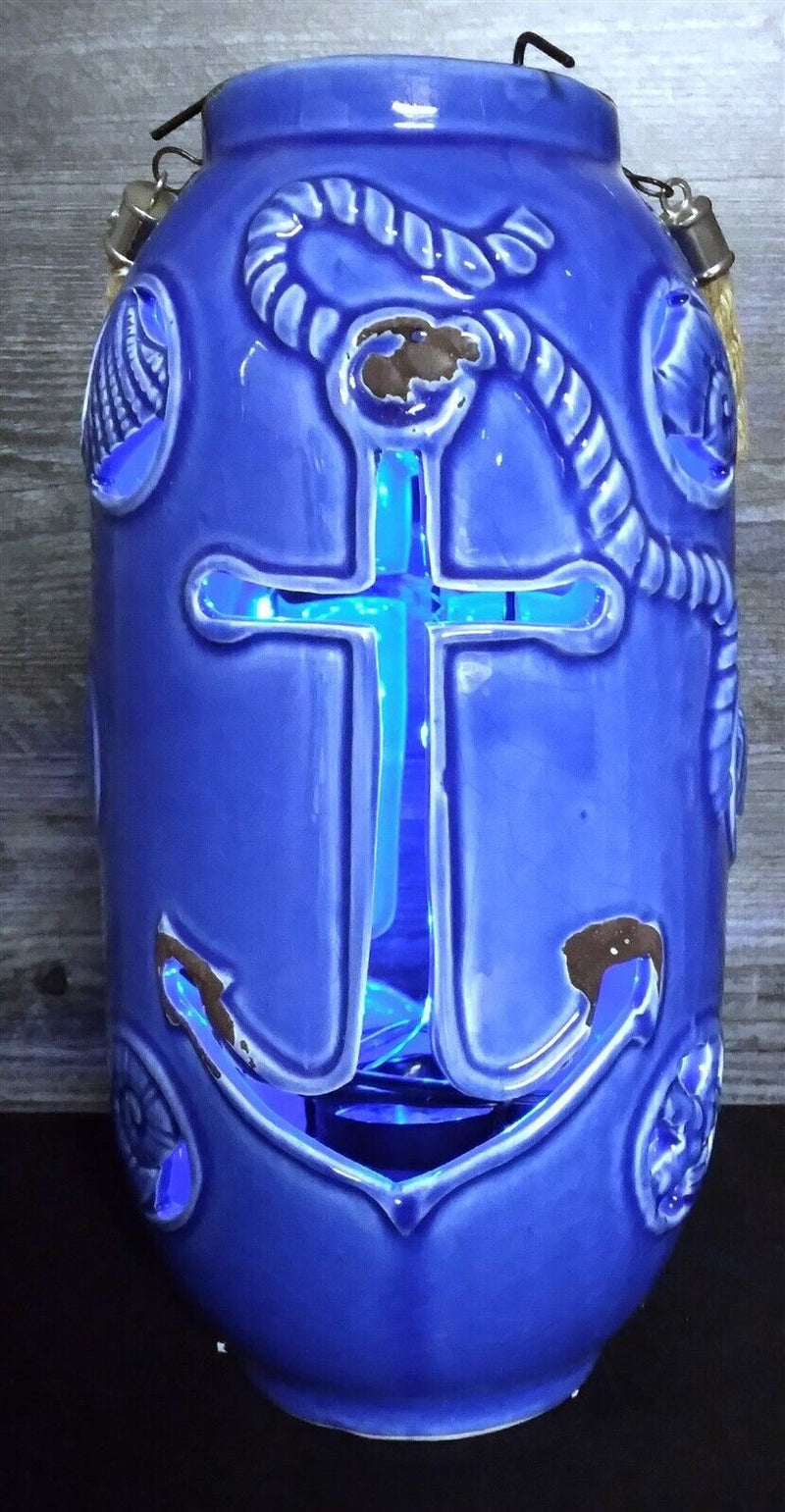 Load image into Gallery viewer, Nautical Maritime Lantern Dark Blue With Blue Led Lights Weathered Look Lamp