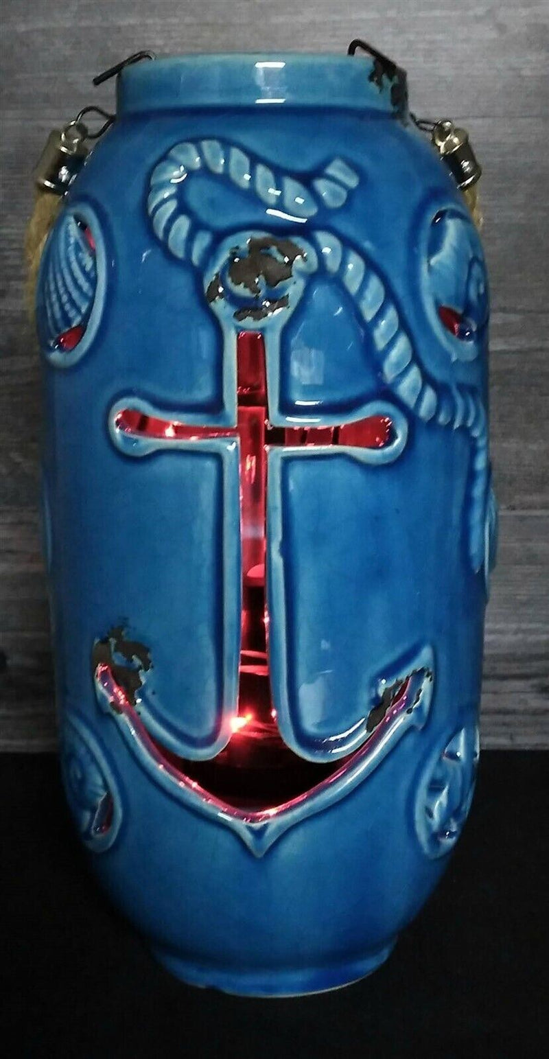 Load image into Gallery viewer, Nautical Maritime Lantern Light Blue With Red Led Lights Weathered Look Lamp