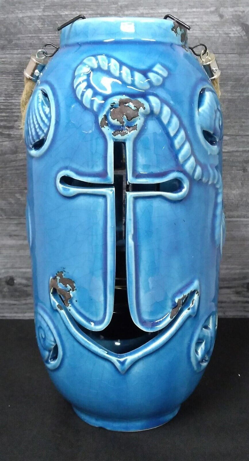 Load image into Gallery viewer, Nautical Maritime Lantern Light Blue With Red Led Lights Weathered Look Lamp