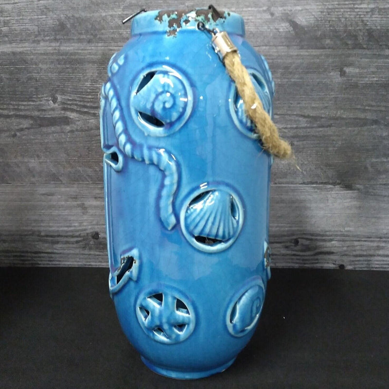 Load image into Gallery viewer, Nautical Maritime Lantern Light Blue With Red Led Lights Weathered Look Lamp