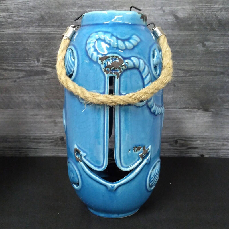 Load image into Gallery viewer, Nautical Maritime Lantern Light Blue With Red Led Lights Weathered Look Lamp