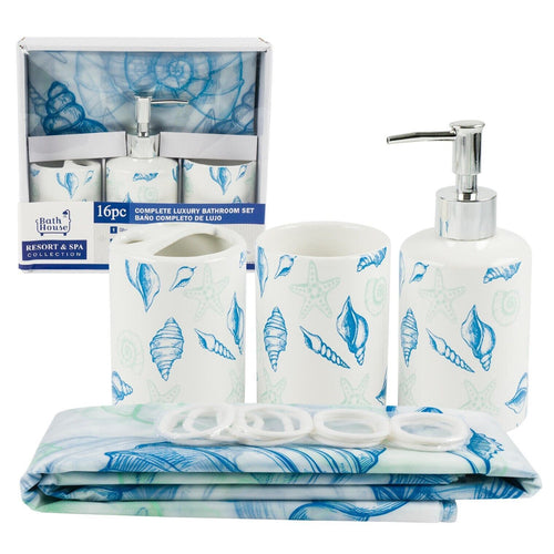 Ocean Sea Shells Bathroom Set Toothbrush Holder Soap Dispenser Shower Curtain