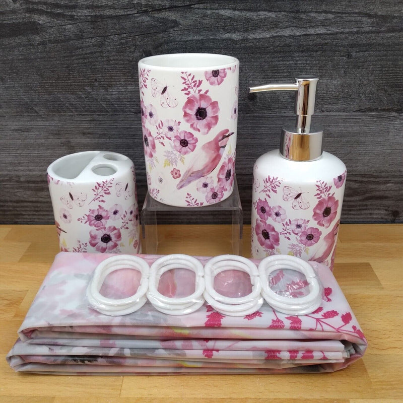 Load image into Gallery viewer, Pink Floral Bathroom Set Toothbrush Holder Soap Dispenser Shower Curtain