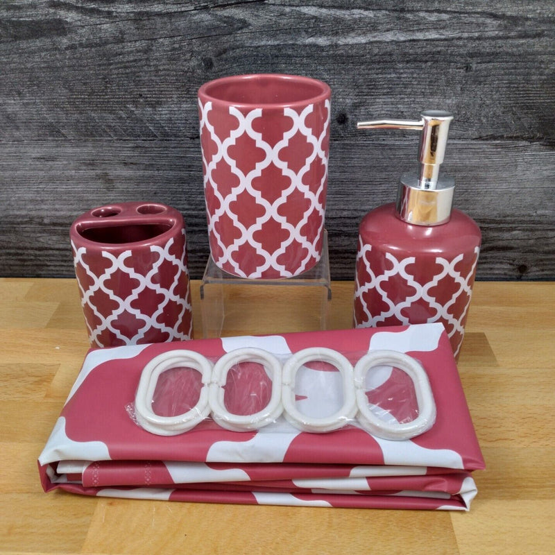 Load image into Gallery viewer, Raspberry Red Bathroom Set Toothbrush Holder Soap Dispenser Shower Curtain