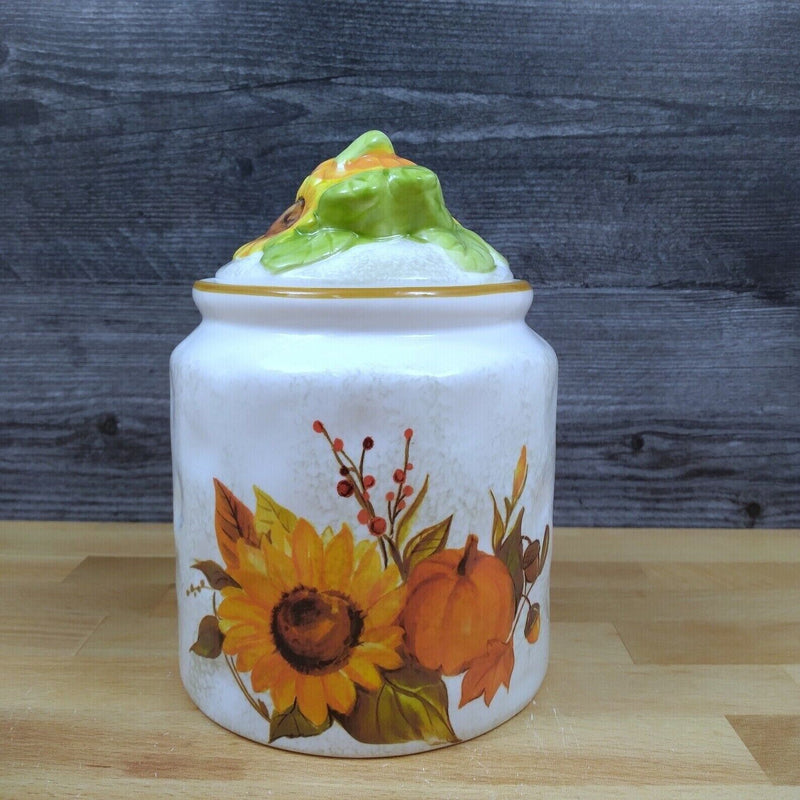 Load image into Gallery viewer, Farmwood Valley Fall Harvest 5'' Canister with Sunflowers & Pumpkins by Blue Sky