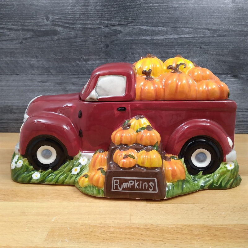 Load image into Gallery viewer, Harvest Pumpkin Red Truck Cookie Candy Treat Jar Canister by Blue Sky Clayworks