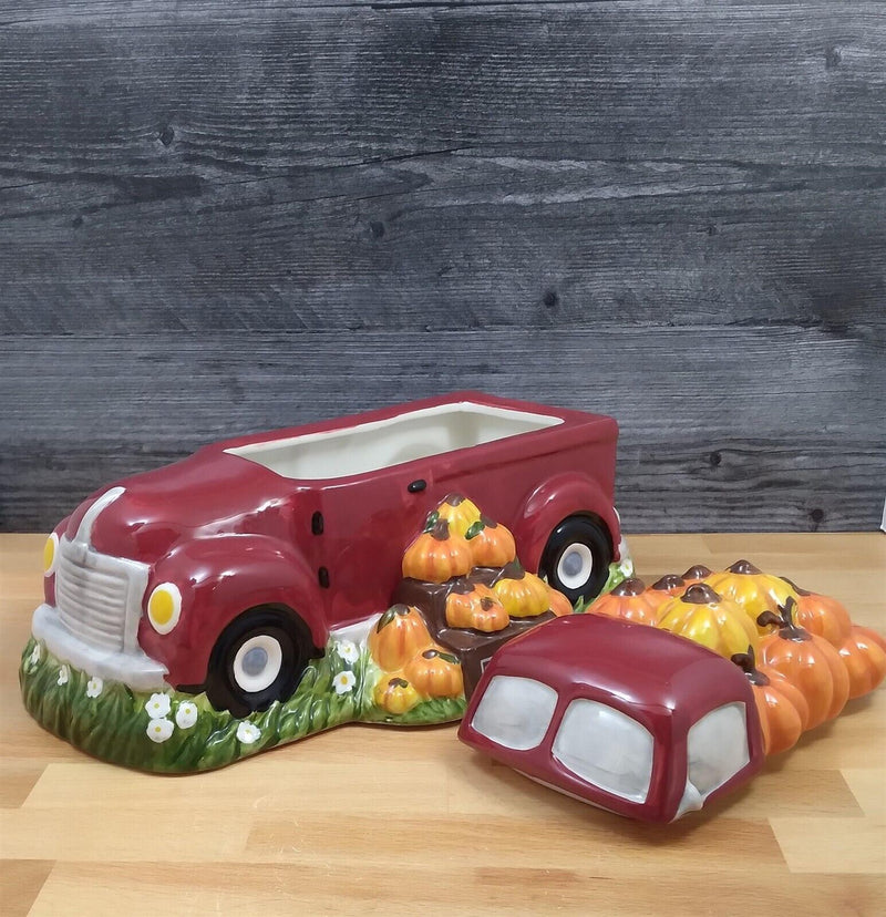 Load image into Gallery viewer, Harvest Pumpkin Red Truck Cookie Candy Treat Jar Canister by Blue Sky Clayworks