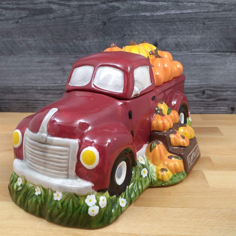 Load image into Gallery viewer, Harvest Pumpkin Red Truck Cookie Candy Treat Jar Canister by Blue Sky Clayworks