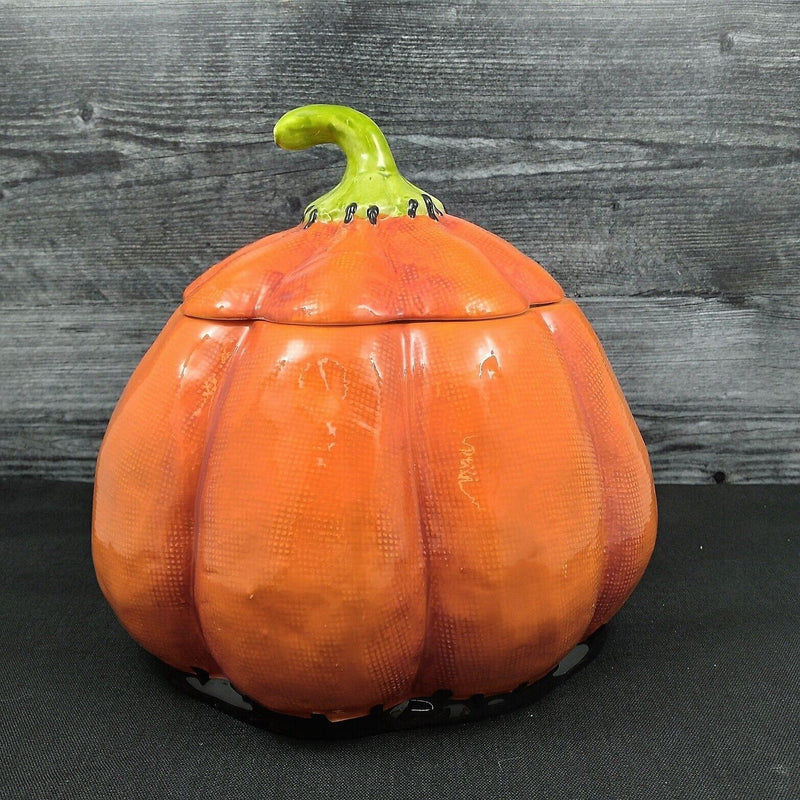 Load image into Gallery viewer, Halloween Pumpkin Stitched Canister Cookie Treat Candy Jar by Blue Sky Clayworks